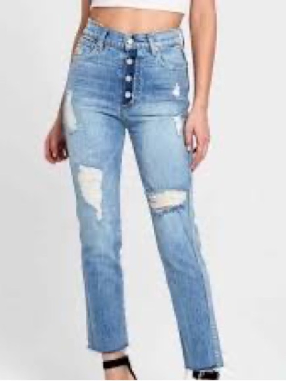 REVICE High-Rise Distressed Light Blue Button-Fly Jeans